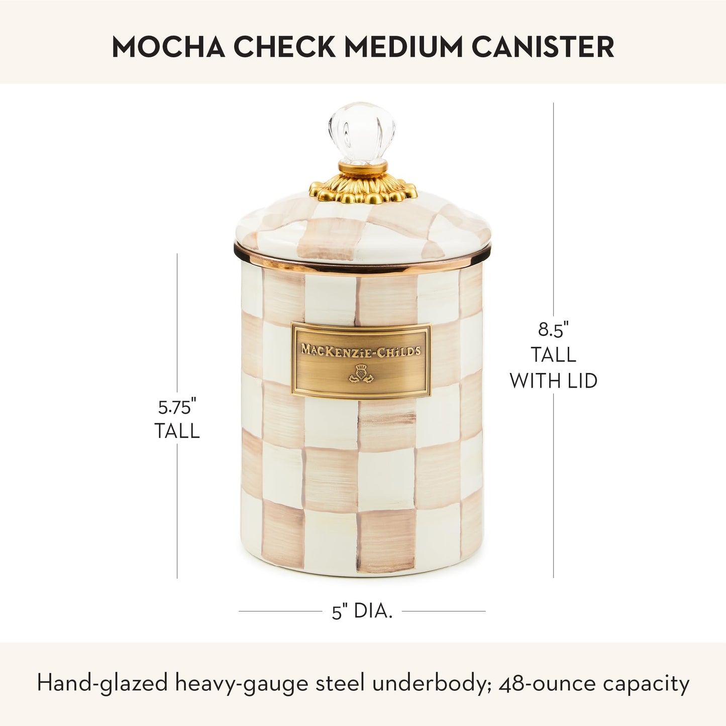 MACKENZIE-CHILDS Enamel Canister, Versatile Kitchen Storage Container for Flour and Sugar, Medium, 48-Ounce Capacity, Brown-and-White Mocha Check