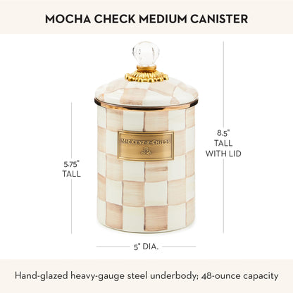 MACKENZIE-CHILDS Enamel Canister, Versatile Kitchen Storage Container for Flour and Sugar, Medium, 48-Ounce Capacity, Brown-and-White Mocha Check