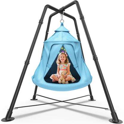 Swing Set with Tent Swing, Hanging Tree Tent w/Swing Frame, X-Shaped Swing Stand with Tent Swing, Tent Swing Chair, 330 lbs, w/Rainbow Lights String, Indoor Outdoor Use (Light Blue)