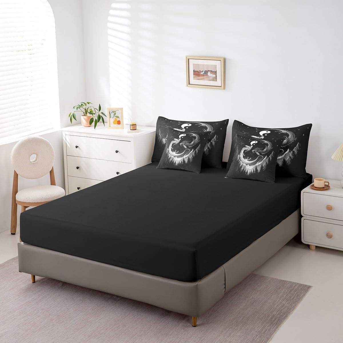 7 Pieces Dragon Taiji Comforter Set Queen,Japanese Style Bed Set for Kids Boys Girls,Glitter Star Pine Tree Bedding(1 Comforter,1 Fitted Sheet,1 Flat Sheet,2 Pillowcases,2 Throw Pillow Covers