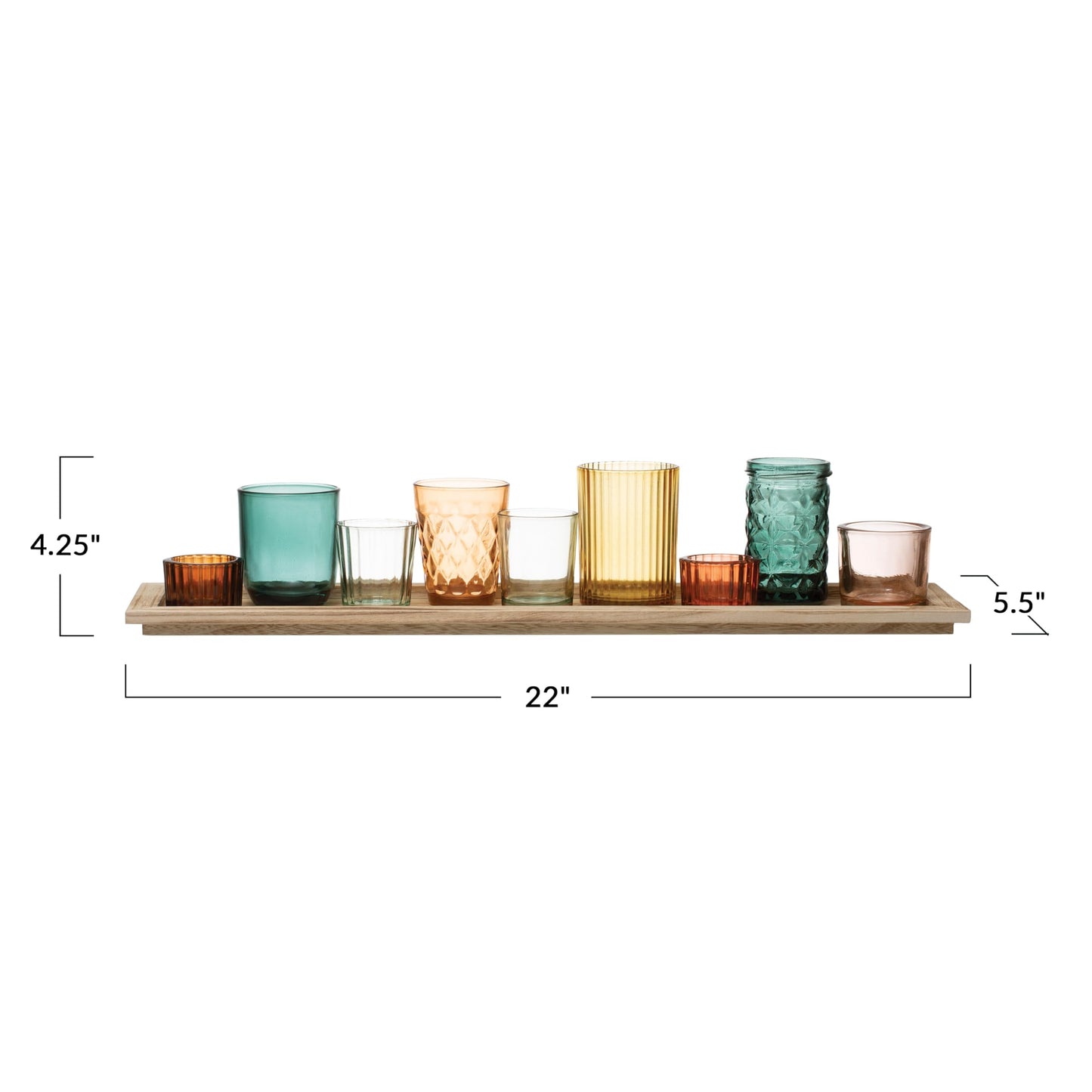 Creative Co-Op Round Glass Votive Holders on Wood Tray, Multicolor, Set of 9