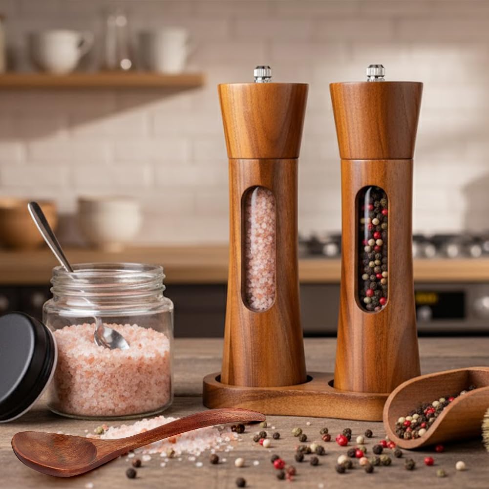 2 Pack Wooden Salt and Pepper Grinder Set with Spoon,Cleaning Brush,8 Inch Refillable Salt and Pepper Shakers,Manual Spice Mills with Clear View Window-Adjustable Coarseness
