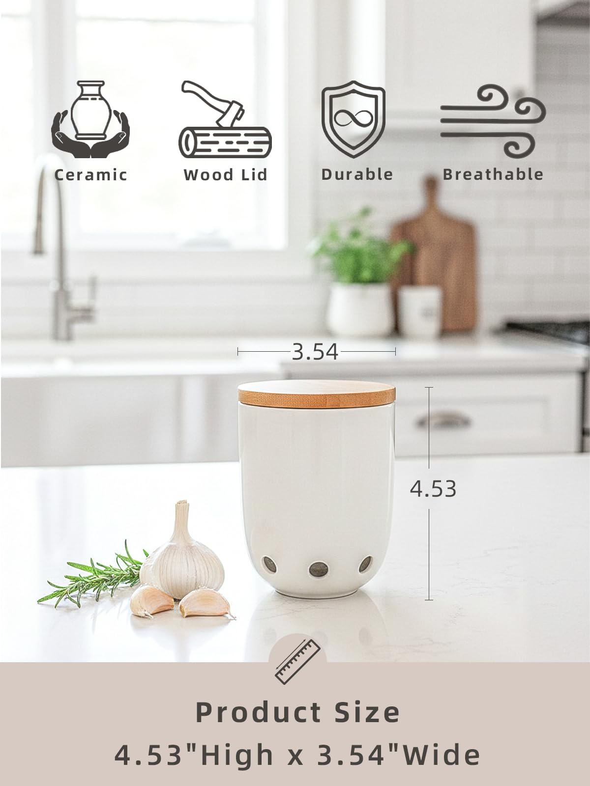 LEETOYI Ceramic Garlic Keeper for Counter, Garlic Holder with Wood Lid (White)