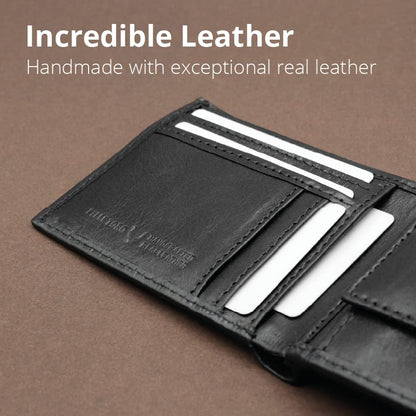 PELLE TORO All-in-One Handmade Mens Wallet with RFID Blocking, Coin Pocket, Fine Leather Card Wallet for Men with 8 Slots and Zip Section, in Wooden Gift Box, Black