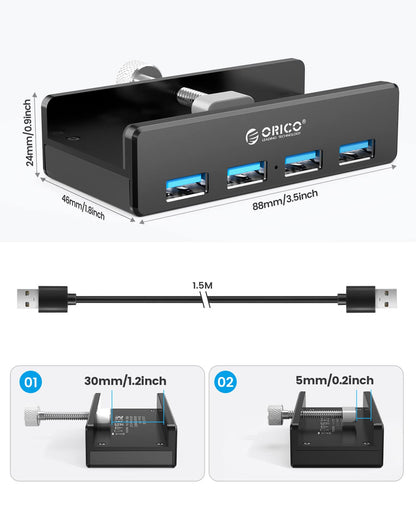 ORICO USB 3.0 Hub, USB Hub Clamp, Aluminum 4-Port USB Splitter with Extra Power Supply Port and 4.92 FT USB Data Cable, Desktop Powered USB Hub for Monitors/Desks-Black (Without Power Adapter)