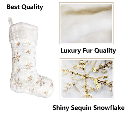 AOGU 3 Pack 22 Inch Faux Fur Sequin Snowflake Christmas Stockings Snowy White Christmas Stockings Hanging Ornaments Candy Gift Bags for Christmas Decorations, Gold