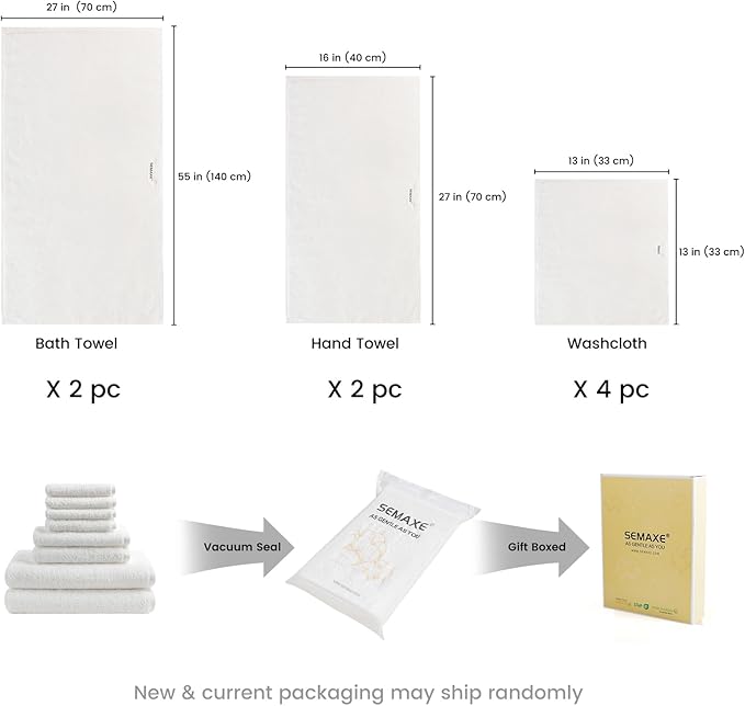 SEMAXE White Bath Towel Set, 100% Cotton Bathroom Towels