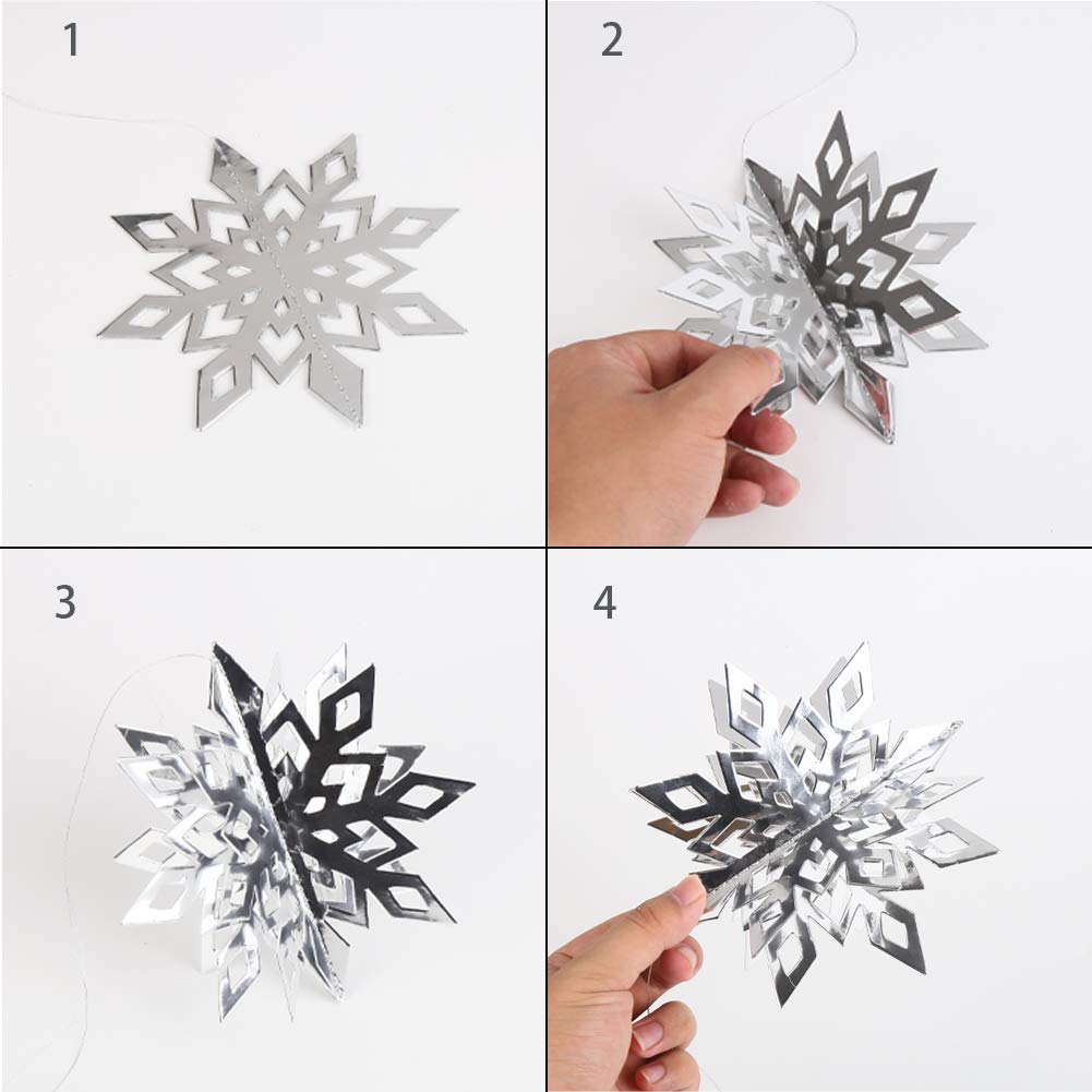 CCINEE 12 Pieces 3D Silver Snowflake Hanging Garland, Christmas Iridescent Paper Snowflakes String Ornaments for Classroom Ceiling Winter Wonderland Wall Hang Holiday New Year Home Decorations