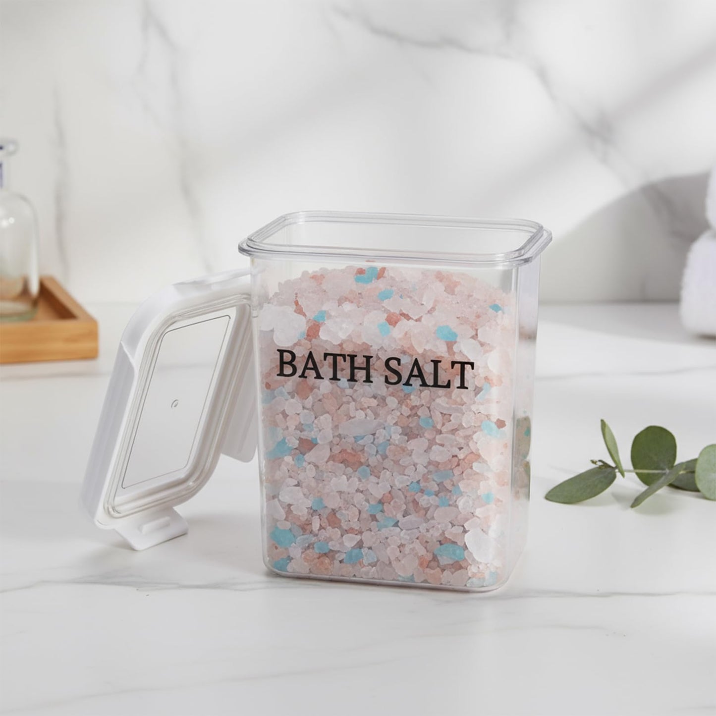 Qinpufu 61 oz Bath Salt Jar, Plastic Bath Salt Container with Scoop, Airtight Storage with Locking Lids, Stackable Clear Canister for Epsom Salt, Bathtub Accessories