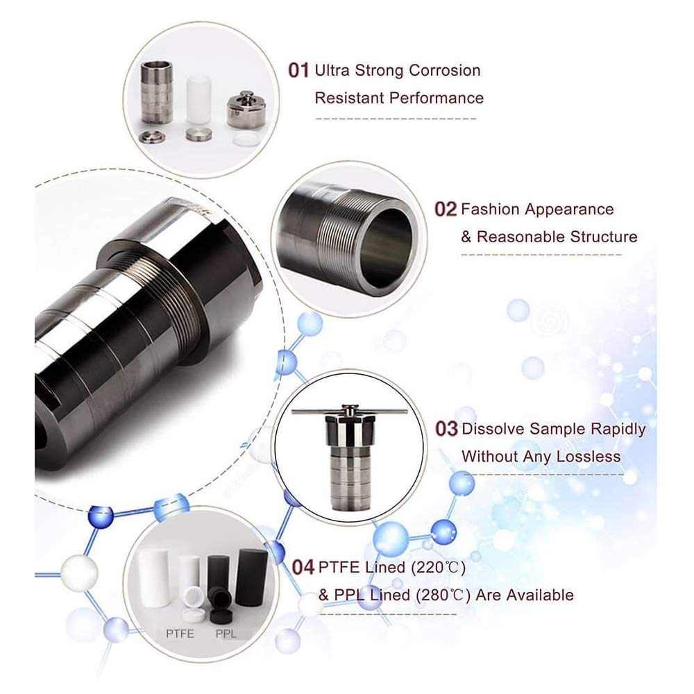 100ml Teflon Lined Hydrothermal Synthesis Autoclave Reactor 220℃ 3Mpa 304 Steel High Pressure Hydrothermal PTFE Hydrothermal Reactor Digestion Tank PTFE Vessel