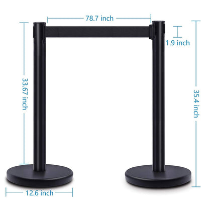 DuraSteel Black Crowd Control Barriers Stanchions with Retractable Belts - Metal Stanchion Posts w/ 6.5ft Black Retractable Barrier Belt Ropes - Queue VIP Safety Line Dividers - Set of 6 Stantions