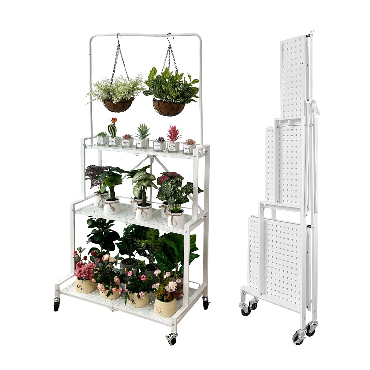 lumizone Foldable 4-Tier Plant Stand Indoor Outdoor Hanging Plant Shelf No Assembly Required Pot Placement Area With Wheels Sturdy Fall Prevention Storage Shelf Flower Pot Stand(4 Tier-White)