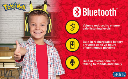 eKids Pokemon Kids Bluetooth Headphones, Wireless Headphones with Microphone Includes Aux Cord, Volume Reduced Kids Foldable Headphones for School, Home, or Travel,Yellow
