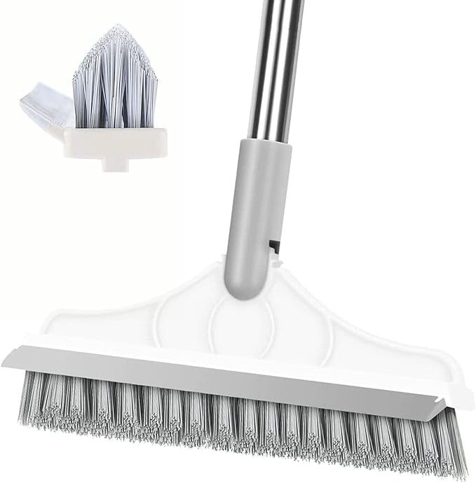 2 in 1 Floor Scrub Brush with V-Shape Stiff PVC Bristles, Stainless Steel Handle