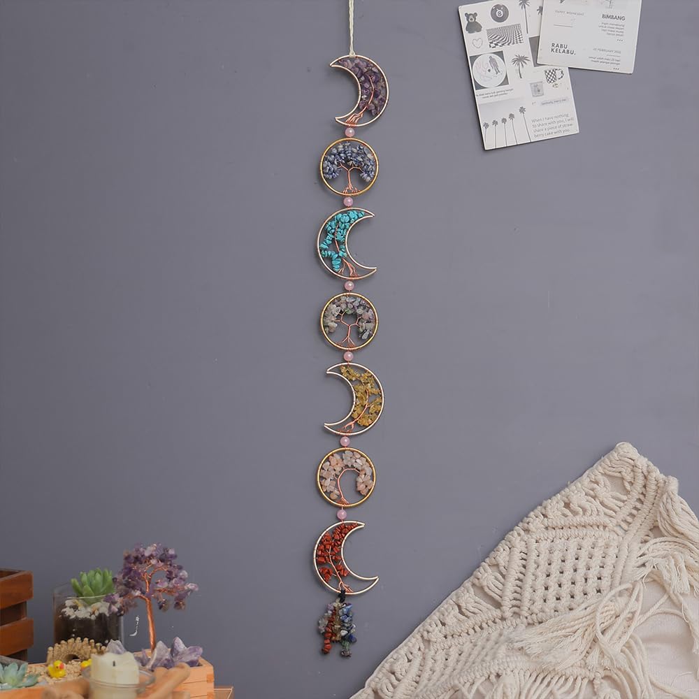 Chakra Wall Decor Tree of Life Crystal Stones Moon Wall Ornament Natrual Gemstones Hanging 7 Chakra Healing Crystals with Tumbled Tassel Suncatcher for Home Yoga Meditation Gift (Moons and Circles)