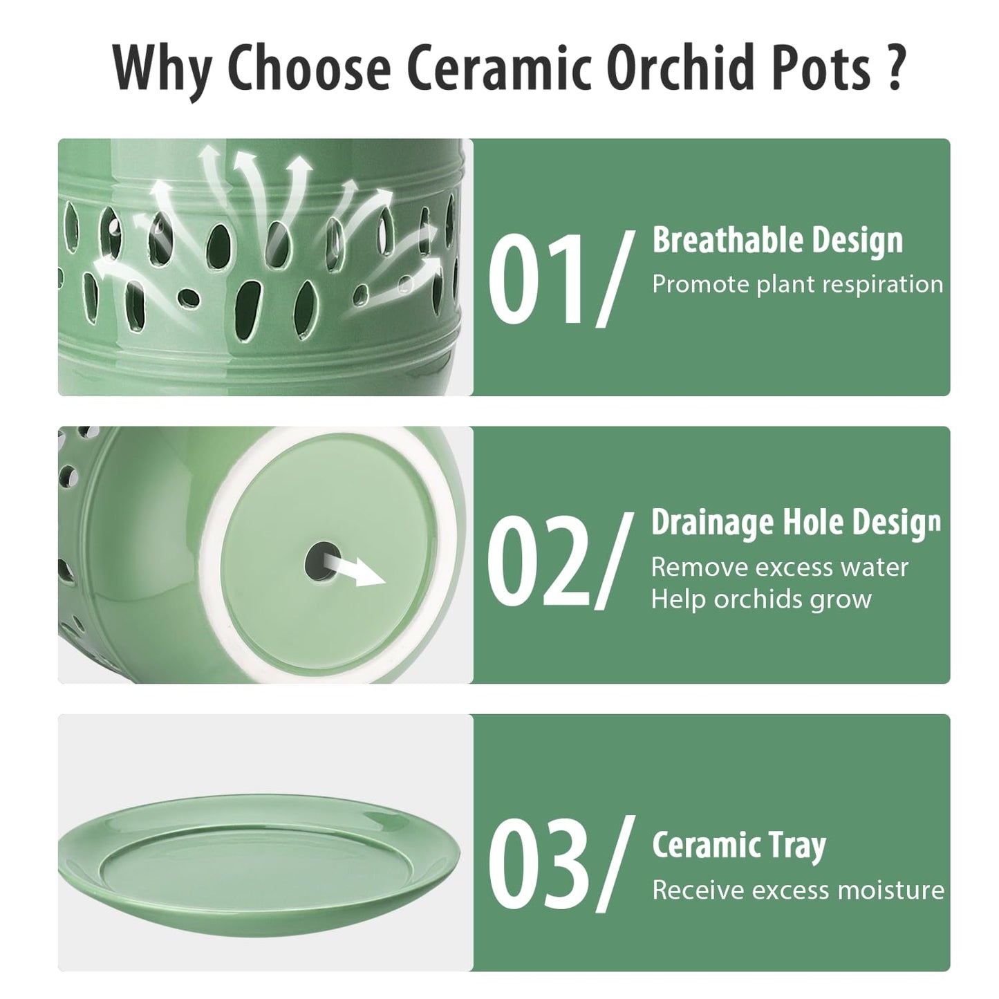 Orchid Pots with Holes, 5+6 Inch Large Orchid Pot with Drainage and Saucers, Ceramic Orchid Planter for Indoor/Outdoor Set of 2 Flower Pots - Pea Green