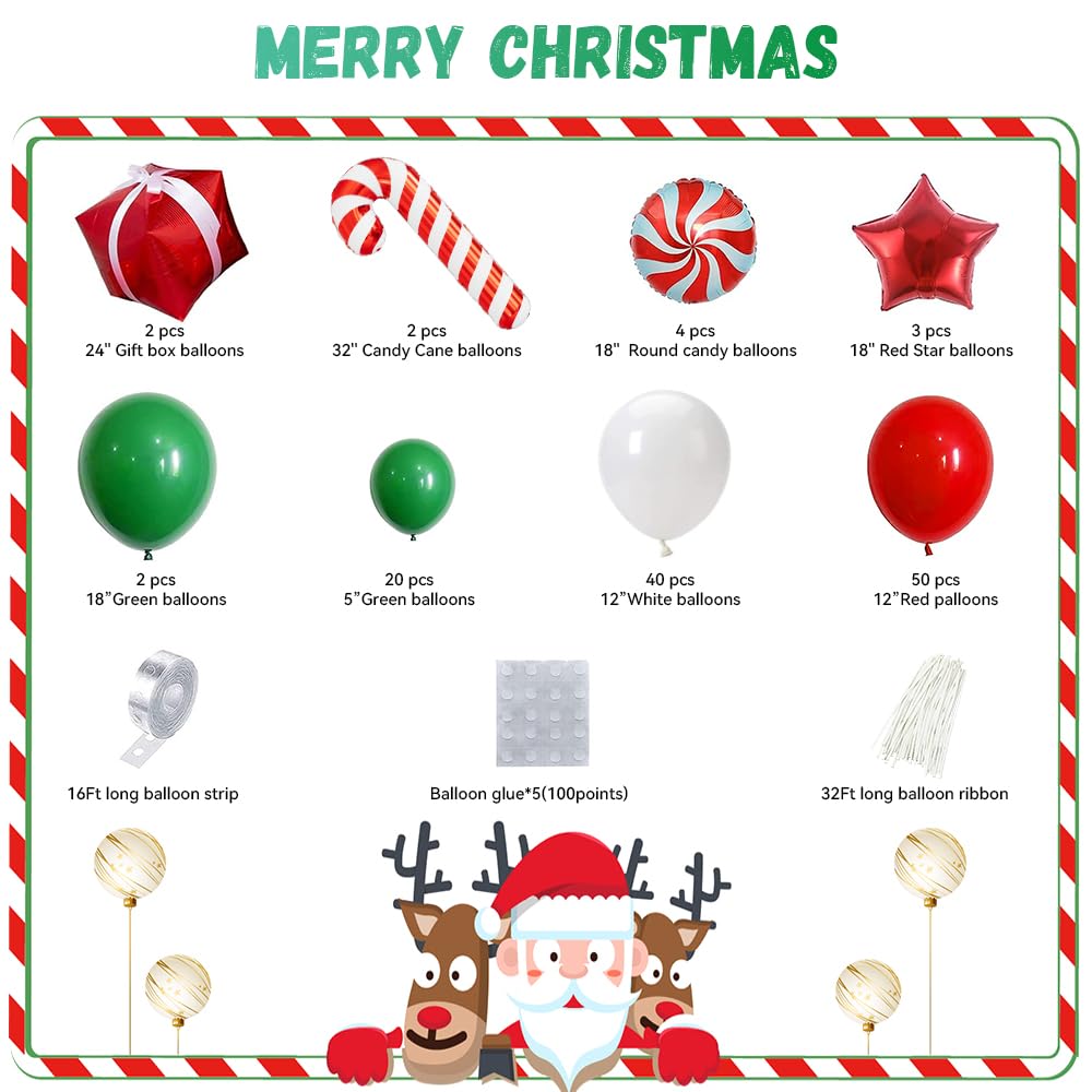 Christmas Balloon Garland Arch Kit, 123PCS Red Green White New Year Xmas Balloons with Candy,Gift Box,Red Star,Cane Foil Balloons for Christmas Party Decorations,Birthday,Baby Shower