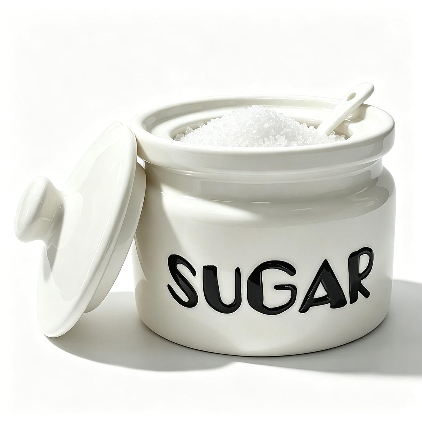 Obantrsz Sugar Bowl with Lid and Spoon, 10oz Ceramic Sugar Container Jar - Modern Farmhouse Style with Black Embossed Lettering for Coffee Bar, Tea Station, Kitchen Countertop & Dining Table Decor