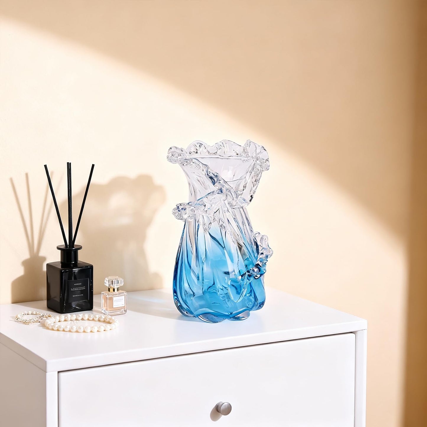 oliruim Blown Blue Glass Vase, Unique Ocean Wave Artistic Glass Centerpiece for Coastal Home Decor, Coffee Table, Living Room Console Table, Fireplace Mantel (Small)