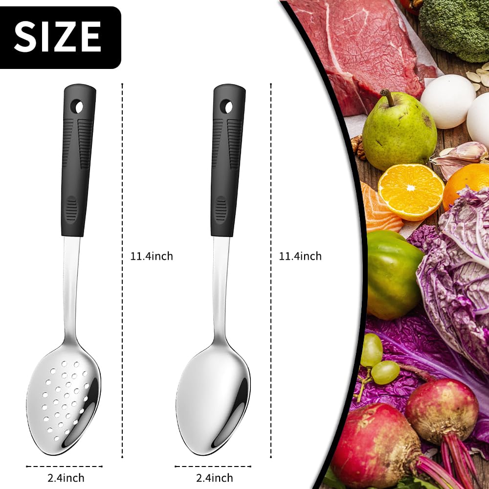 Metal Serving Spoons Set, Large Serving Spoons with Silicone Handles, Stainless Steel Serving Spoon, Slotted Spoon & Soup Ladle Set for Buffet and Home Kitchen (Black)