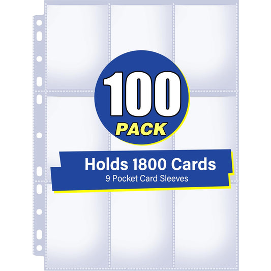 100 Pack 9 Pocket Double Side Card Sleeves Binder Sheets, Holds 1800 Cards, Trading Card Binder Sleeves for 3 Ring Binder, Card Sleeve Pages for Baseball, Football, Business, TCG, Kpop Cards