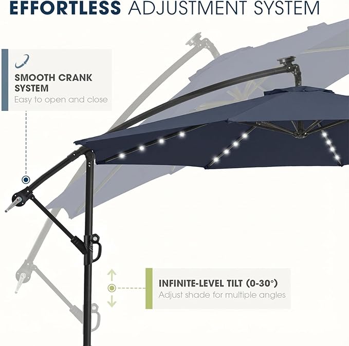 wikiwiki 10ft Solar LED Patio Umbrella with Base Included, Offset Umbrella with Weighted Sandbag Base, Cantilever Patio Umbrella for Backyard, Garden & Deck, 32 LED Lights & Polyester Shade, Navy Blue