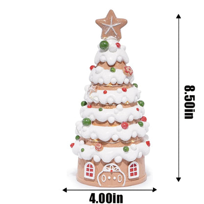 Hodao Christmas Village House Decorations Gingerbread House with Xmas Tree Theme, Battery-Powered (2 AAA) 8.6" H Resin Christmas Tree Decor for Indoor Festive Home or Party (Tree-1)