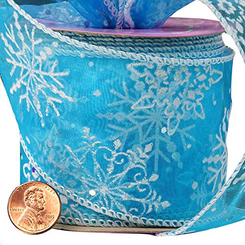 Blue Frozen Snowflake Christmas Ribbon - 2 1/2" x 10 Yards, Glitter, Gift Wrapping, Wreath, Swag, Garland, Presents, Gift Basket, Winter, Tree Decoration
