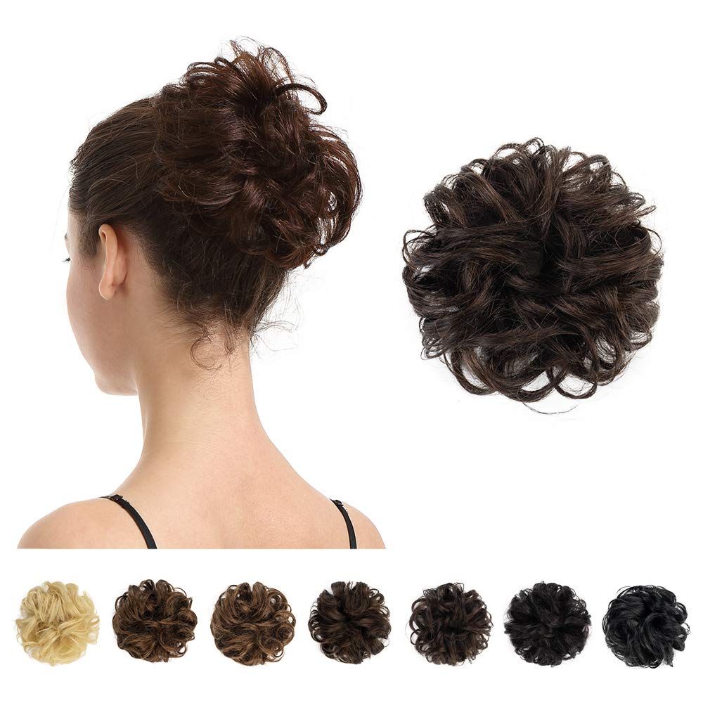 100% Human Hair Scrunchies, BARSDAR Curly Messy Bun Hairpiece Extensions Wedding Hair Pieces for Women Messy Bun Real Hair Updo Donut Chignons 2# Dark Brown