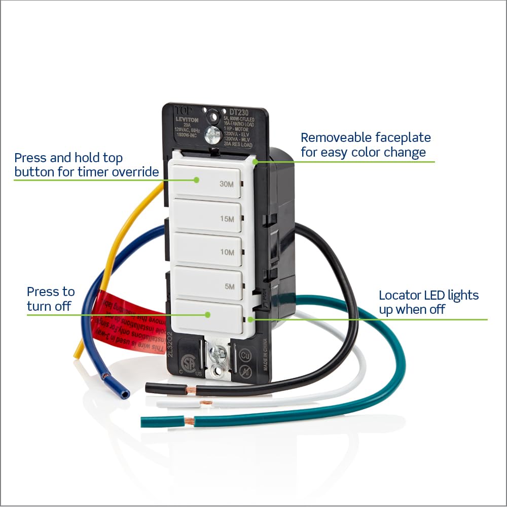 Leviton Countdown Timer Switch for bathroom fan and household lights, 5-10-15-30 min, No Neutral Required, Single Pole, 15A, 1/2 HP/9.8A Fan/Motor, DT130-1LW, White