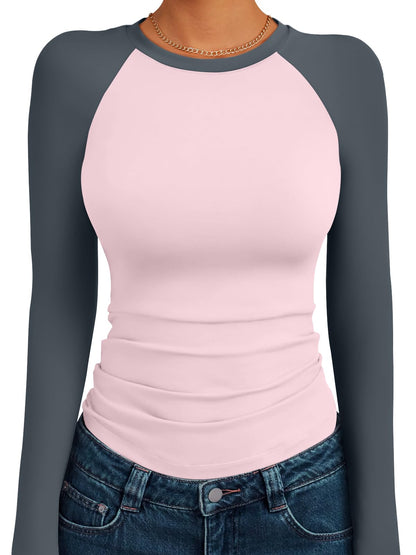 Trendy Queen Women's Long Sleeve Shirts Slim Fit Stretchy Color Block Slightly Cropped Tops