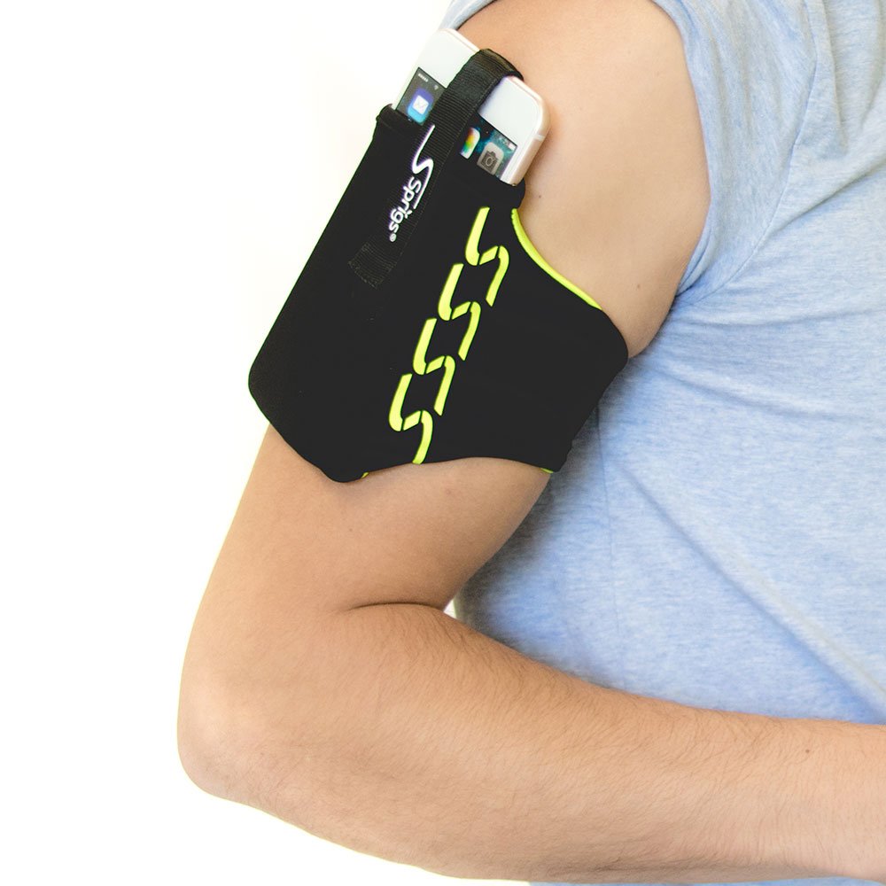 Sprigs Armband for iPhone 11/x/xr/8/7 Plus, Galaxy S10/S9, Google Pixel 4. Lightweight & Comfortable Running Armband, Stretches to Fit All Phones with Case - Black/HiViz, Large