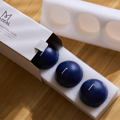 MOZEAL Hand-Poured, 3 Inch Navy Blue Round Ball Candles - Elegant Navy Blue Round Pillar Candles Set of 3, Dripless, Unscented, Smokeless, Ideal for Formal Events.
