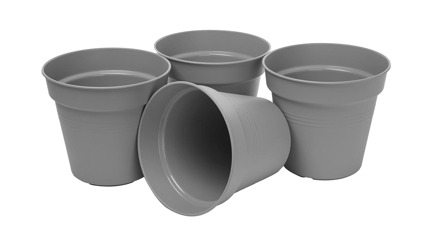 Mintra Garden Pots, 4 Pack Bulk Plastic Plant Pots with Drainage Tray, Round Indoor & Outdoor Decorative Planters with Drain Holes for Flowers, Herbs & Plants, 17cm Diameter – Grey, 6.6 in