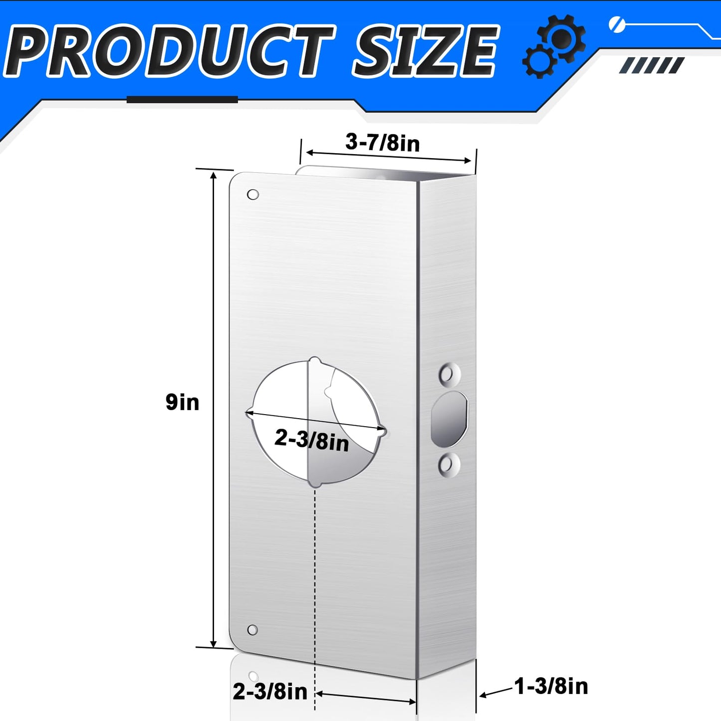 Dunzy 1 Pack 1-3/8 Inch x 9 Inch Door Reinforcement Plate 2-1/8" Thick Stainless Steel Lock and Door Reinforcer Security to Repair Home Wood Metal Knob/Lock/Latch/Deadbolt, Silver