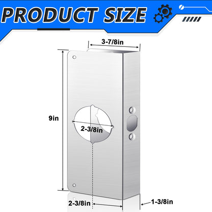 Dunzy 1 Pack 1-3/8 Inch x 9 Inch Door Reinforcement Plate 2-1/8" Thick Stainless Steel Lock and Door Reinforcer Security to Repair Home Wood Metal Knob/Lock/Latch/Deadbolt, Silver