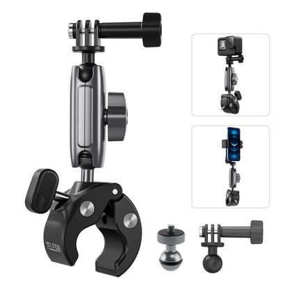 TELESIN Super Clamp Camera Mount with 360° Dual Ball Head, Bike/Bicycle/Motorcycle Handlebar Mount for DJI Osmo Pocket 4/ DJI Osmo Action 6/ Action 5 Pro/Osmo Nano/Action 4/Hero 13 12 11/Insta 360 X5