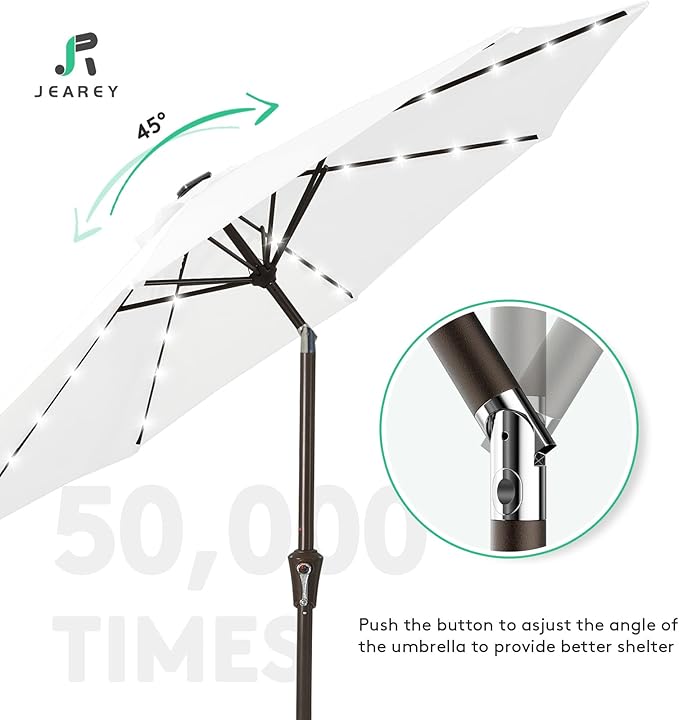 JEAREY 9FT Outdoor Patio Umbrella with Solar Lights, LED Lighted Pool Umbrella with Tilt and Crank, Outdoor Table Umbrellas for Deck, Yard & Market (Cream White)