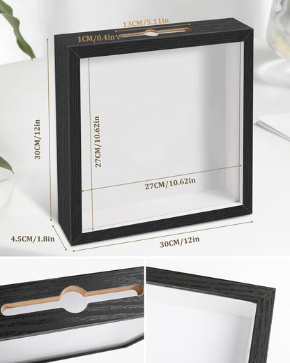 Adventure Archive Box, 12 x 12 Inch Travel Box for Memories, Travel Shadow Box Frame with Slot, Adventure Box, Keepsake Display Case, Perfect for Travel Memento Display Case Travel Decor Gift (Black)
