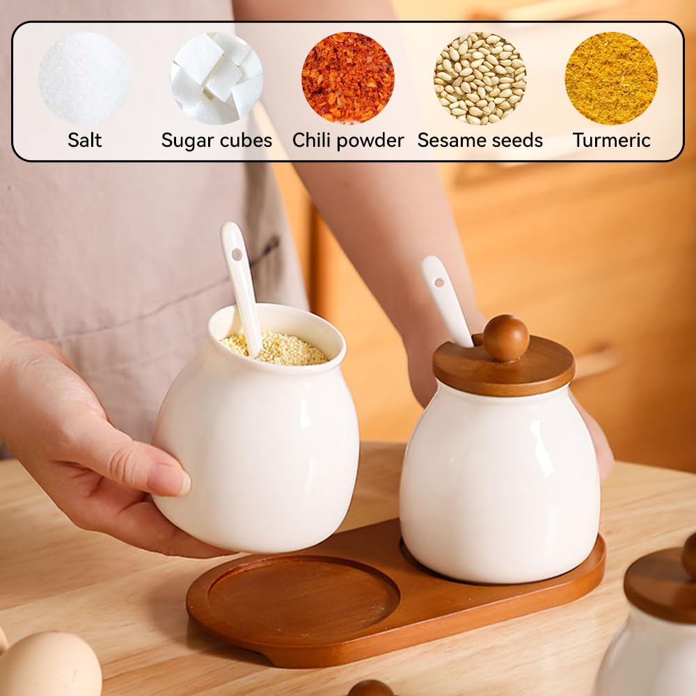 ANQIA Porcelain Condiment Jar Set Spice Jars with Wooden Lids and Tray Ceramic Spice Container with Spoons for Sugar, Salt,Tea, Spices, Coffee (Set of 3)