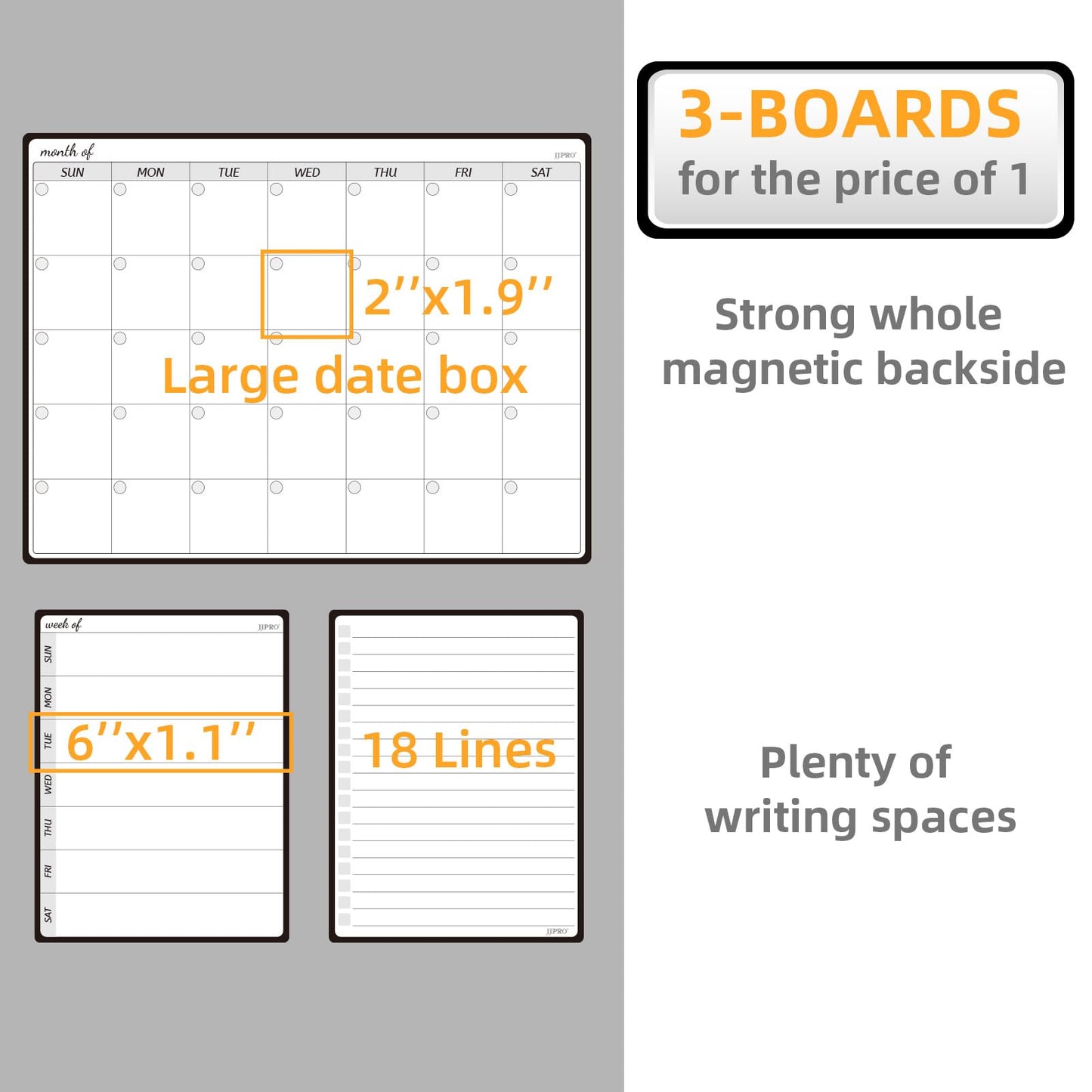 JJPRO Magnetic Monthly Calendar Whiteboard Set for Fridge-Monthly Planning Board and Two Bonus Dry Erase Grocery Board&Weekly Menu Board-Meal Planner Whiteboard/To-Do List-6 Markers