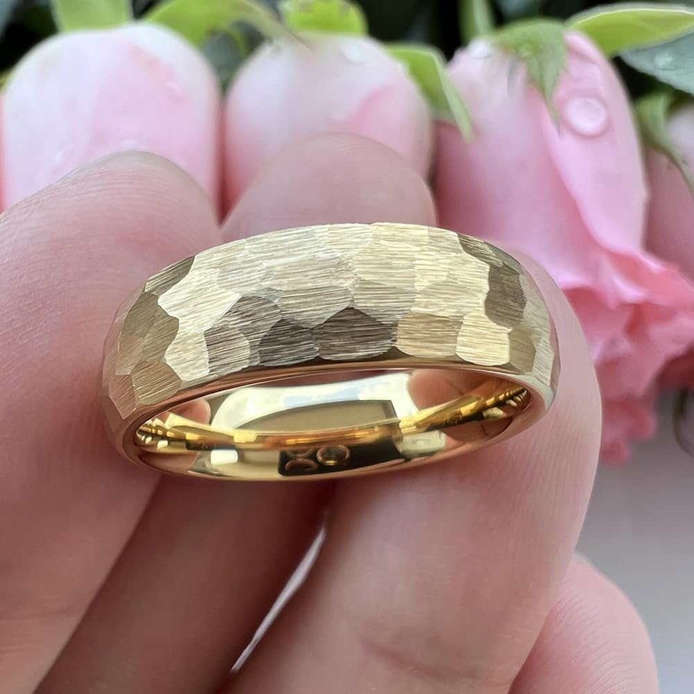 TUTISS 6mm Gold Hammered Tungsten Rings for Men Women Engagement Wedding Bands Domed I Love You Engraved Comfort Fit Size 9.5