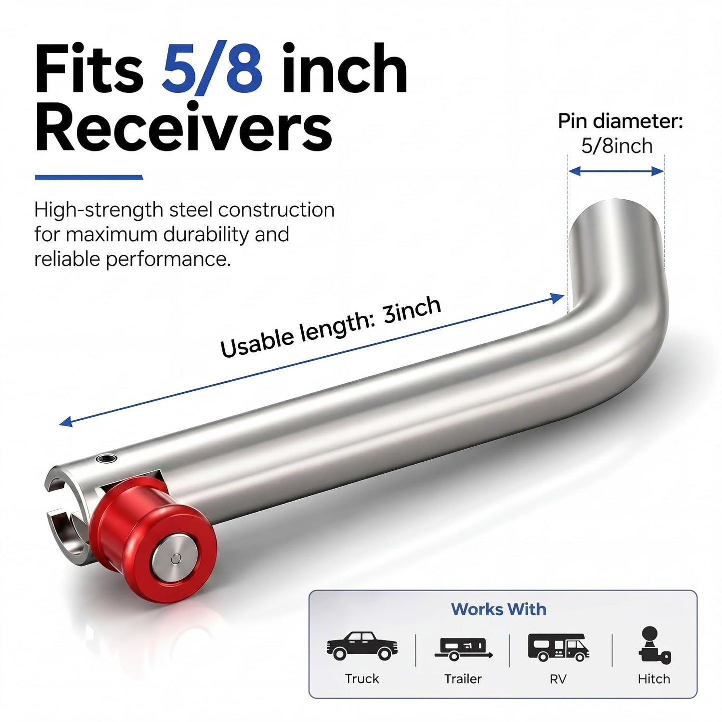Datanly 1 Pack Trailer Hitch Pin Stainless Steel Hitch Pin Fit 5/8-Inch Receivers Lock Anti-Theft Trailer Lock for Vehicle, RV, Truck, Cargo Carrier, Bike Rack (Red)