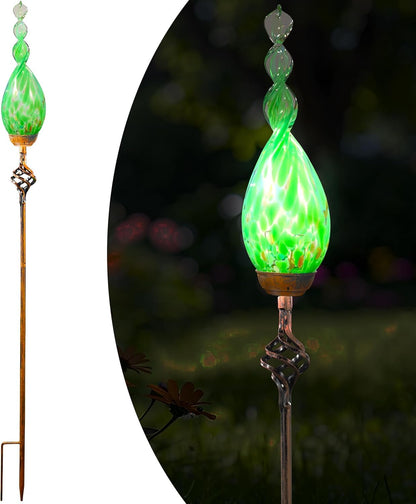 Garden Solar Lights, Green Flame Solar Lights Outdoor - Hand Blown Glass Decorative Garden Pathway Lights Outdoor Waterproof Flame Glass Stakes