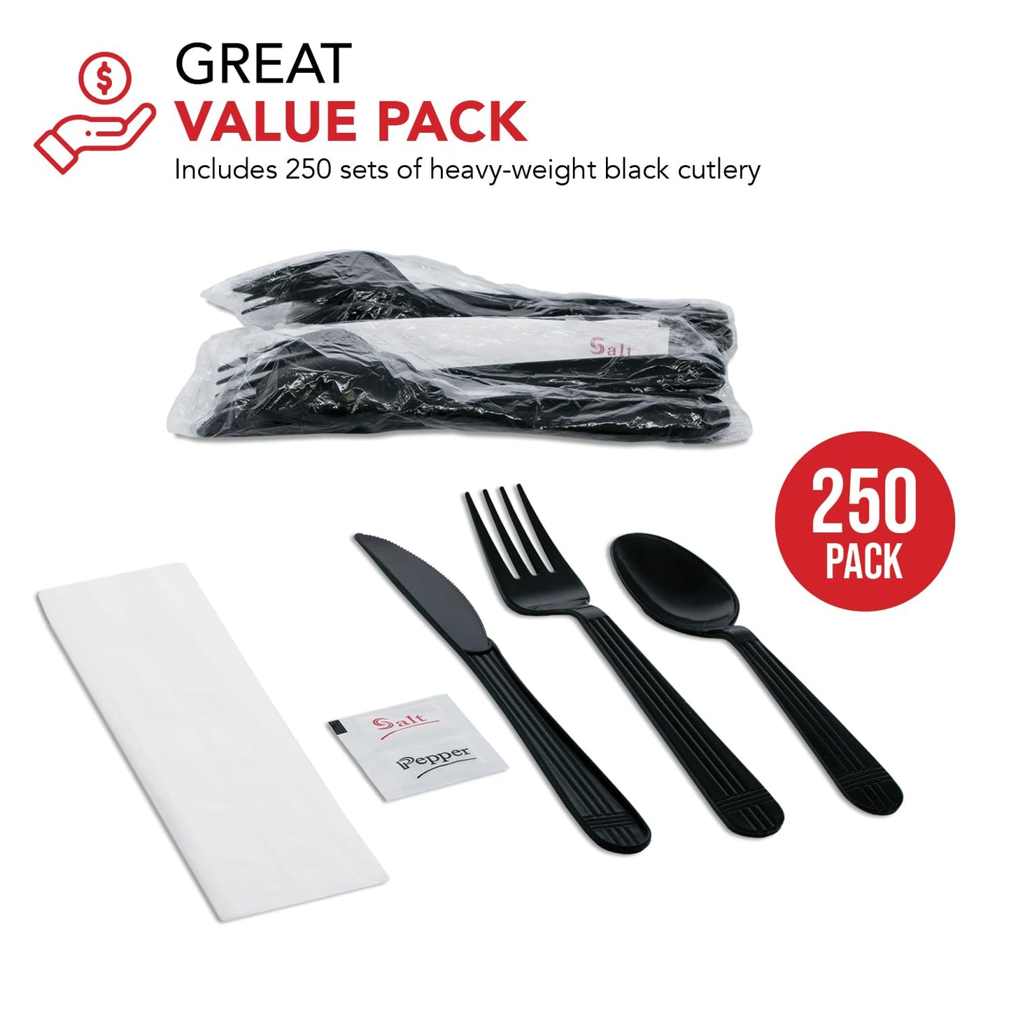 Party Essentials Individually Wrapped Plastic Cutlery Kits/Packets, Includes Heavy Duty Black Fork/Spoon/Knife/Napkin/Salt/Pepper, 250 Sets