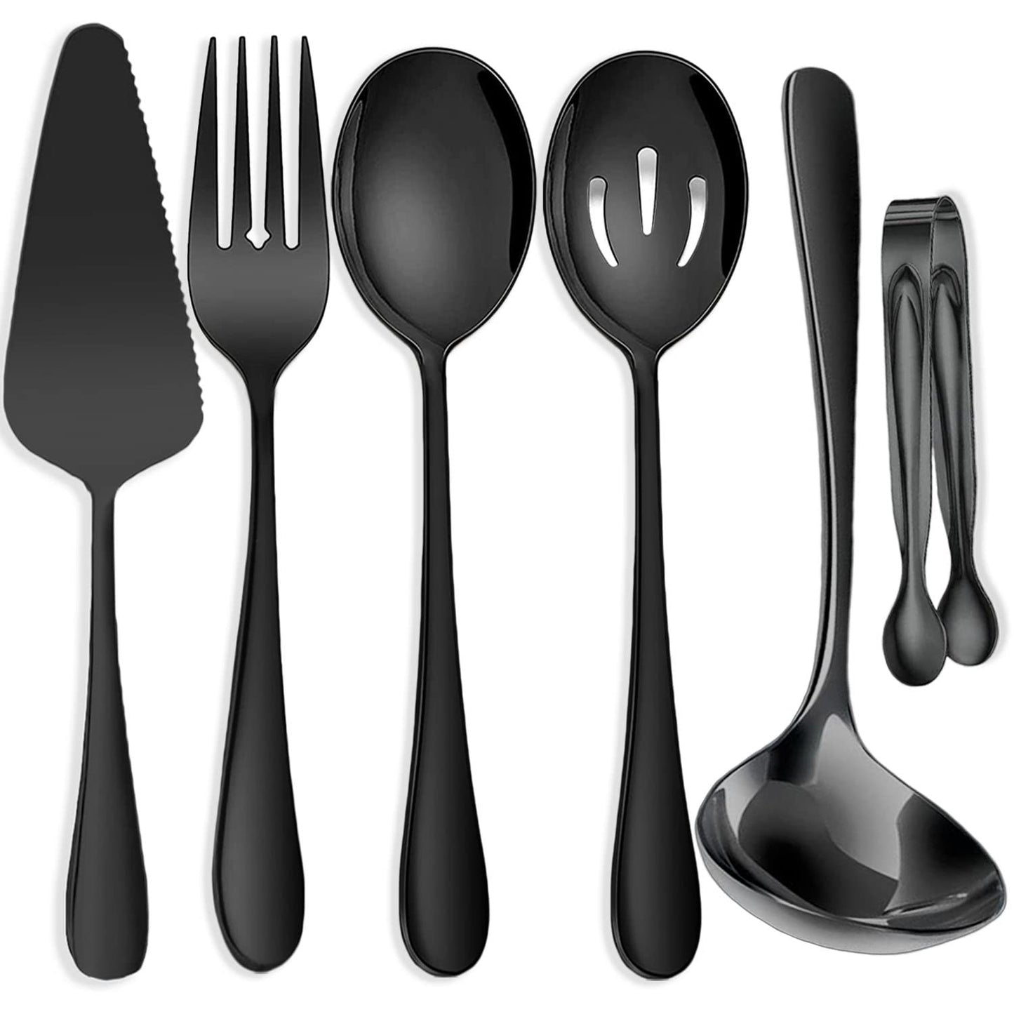 IAXSEE 6 PCS Stainless Steel Serving Utensils, Large Serving Spoons Slotted Spoons, Forks, Ice Suger Tongs, Cake Server, Soup Ladle, Metal Utensils Set Great for Buffet Catering Banquet Party, Black