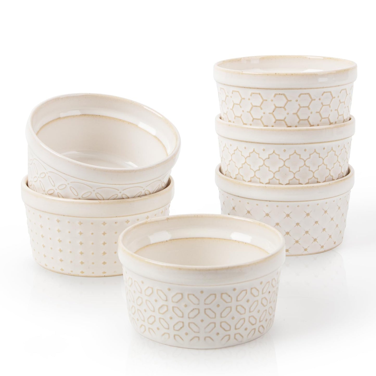 Dowan Ramekins 4 oz Oven Safe Set of 6, Arctic White Porcelain Baking Bowls and Ceramic Condiment Cups for Creme Brulee, Souffle, Pudding, Custard, Dipping Sauce and Small Charcuterie Boards