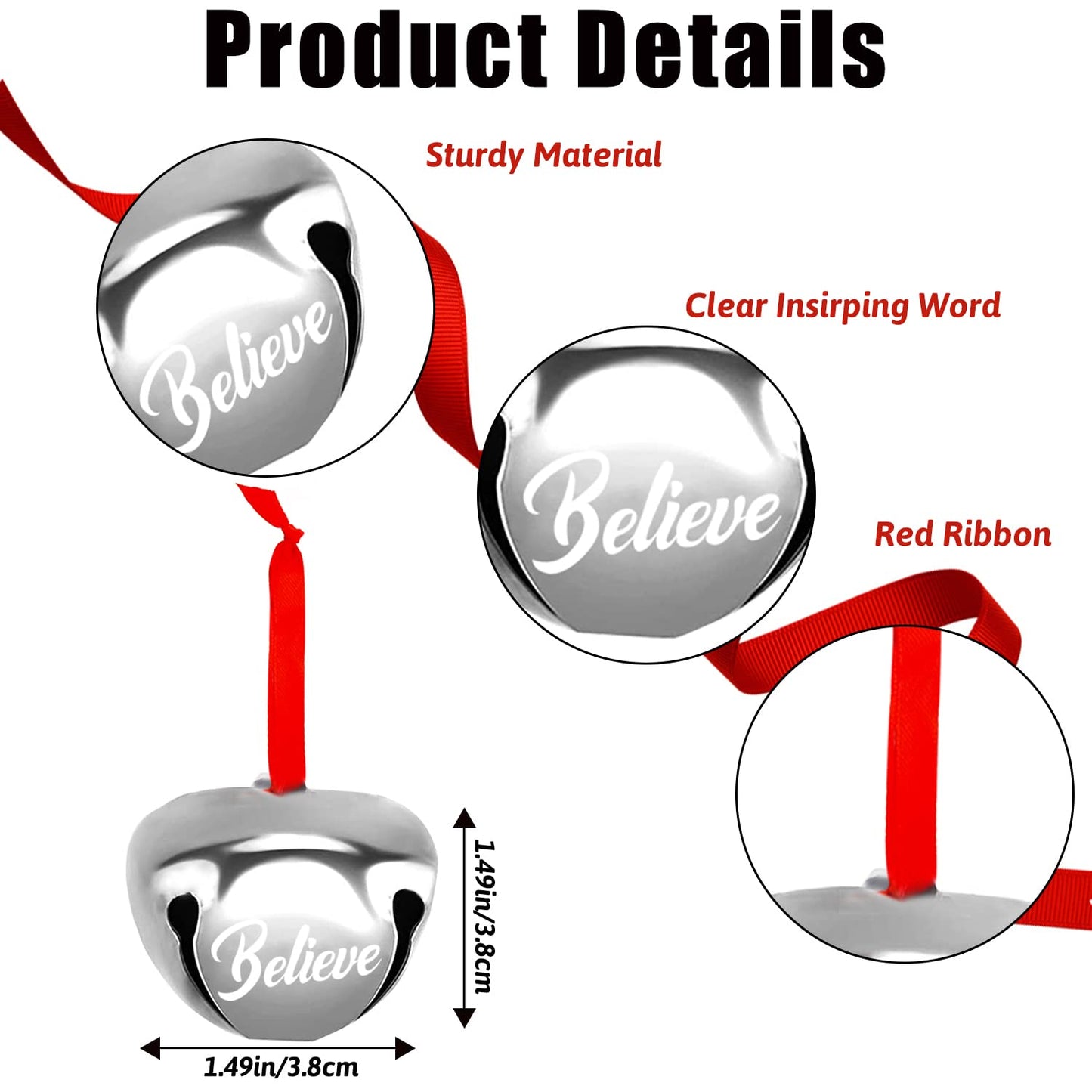 FOIMAS 12pcs 1.6 Inch Believe Bell Ornament Metal Christmas Sleigh Bells with Red Ribbon for Christmas Tree Holiday Decoration,Silver