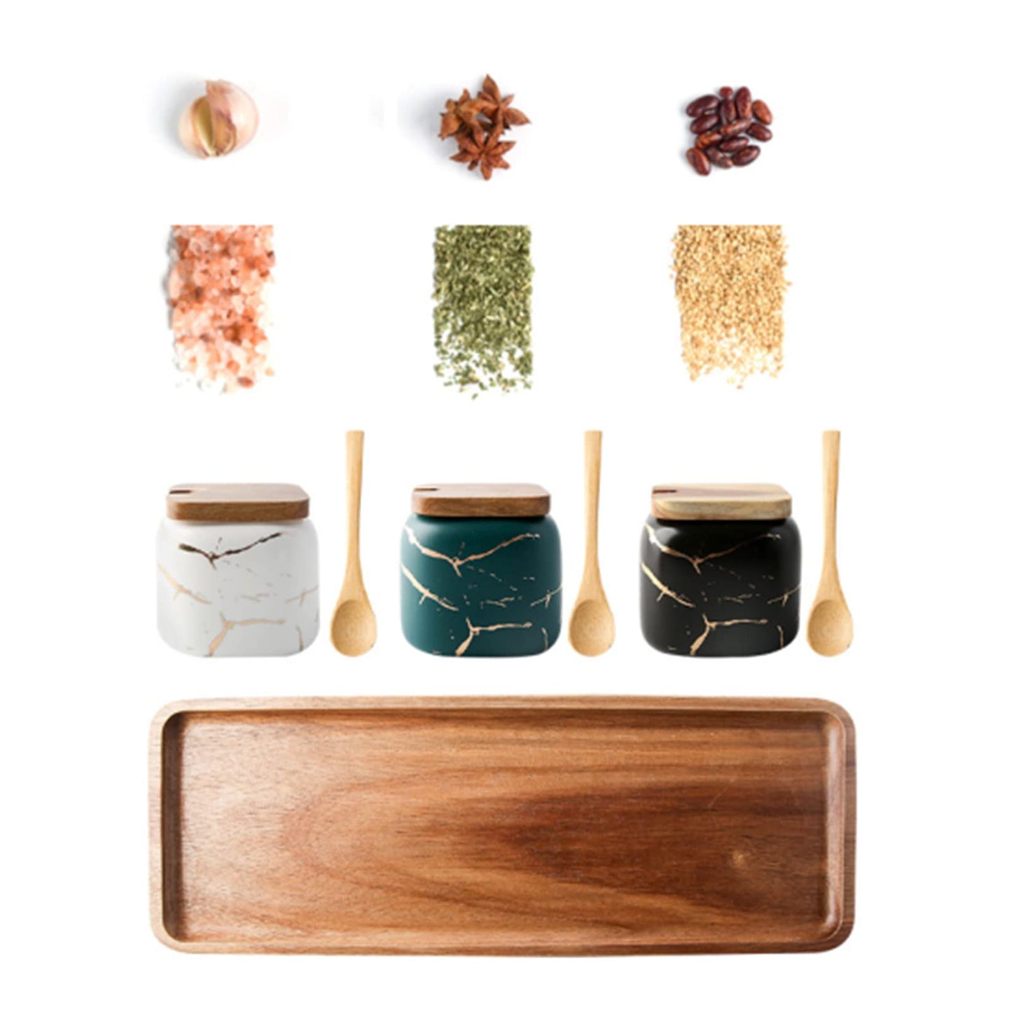 Dicunoy 3 Pack Ceramic Salt and Sugar Container, Condiment Jars with Lids and Spoons, Marble Seasoning Spice Pots Bowl, Pepper Sellar with Wooden Tray for Serving, Counter, Home, Kitchen