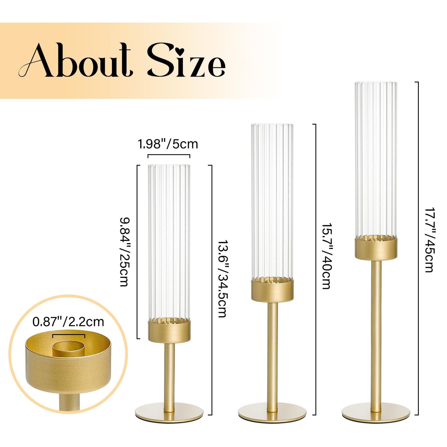 Turvono Gold Hurricane Candle Holders Set of 3, Brass Taper Candle Holders for Candlesticks, Elegant Tall Candle Sticks Holder Decor for Table Centerpiece, Wedding & Christmas Decorations